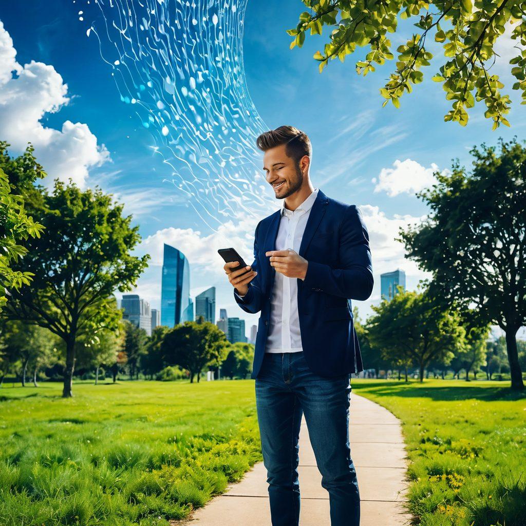 A confident person standing in a lush park, joyfully using a sleek smartphone with waves of digital signals radiating around them, symbolizing freedom and connectivity. The background should include a bright skyline and a variety of nature elements, emphasizing the blend of technology and the outdoors. Capture an inspiring and liberating atmosphere, illustrating the idea of mastering cellular device freedom. vibrant colors. modern art. bright blue sky.
