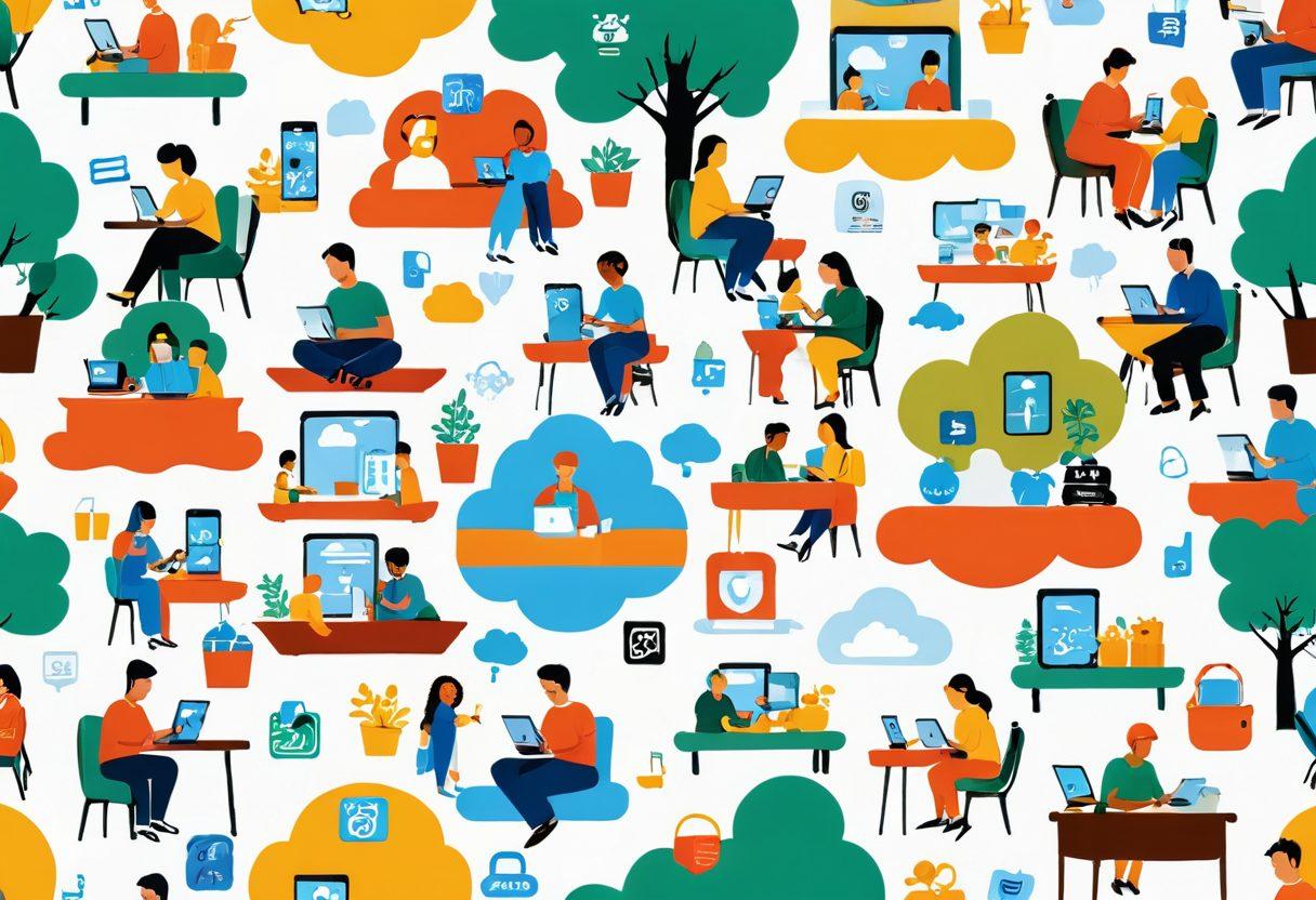 A dynamic collage showcasing diverse individuals joyfully using their mobile devices in various settings, such as a bustling café, a serene park, and a cozy home, surrounded by key icons representing mobile tips like security shields, cloud storage, and productivity tools. Include a bright and engaging color palette that conveys freedom and creativity. super-realistic. vibrant colors. white background.
