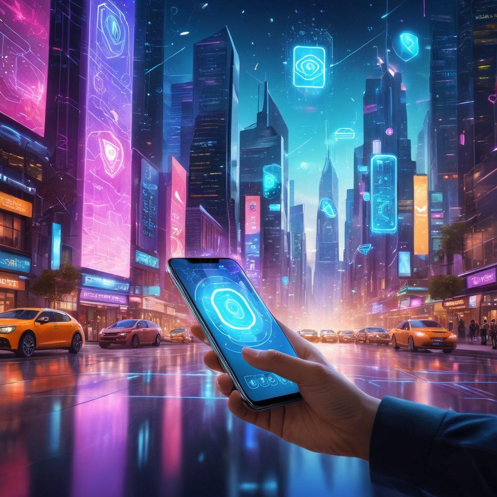 A user interacting with a futuristic mobile device surrounded by floating holographic icons representing various unlocking techniques like biometric scans, gestures, and voice commands. The background should depict a vibrant cityscape with technology motifs and abstract patterns that convey innovation and transformation. The scene should be lively and engaging, showcasing a glowing aura around the device. vibrant colors. super-realistic.